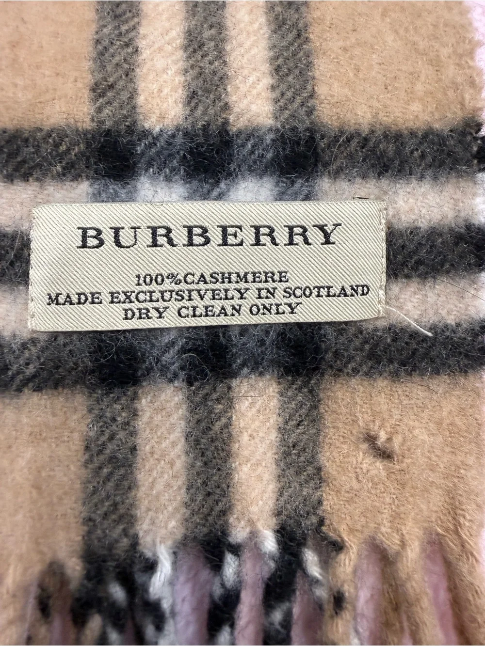 Vintage Burberry Beige Camel Plaid Cashmere Scarf with Black, White and Red - Picture 4 of 4
